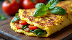 Close-up view of a protein-packed omelette with colorful vegetables